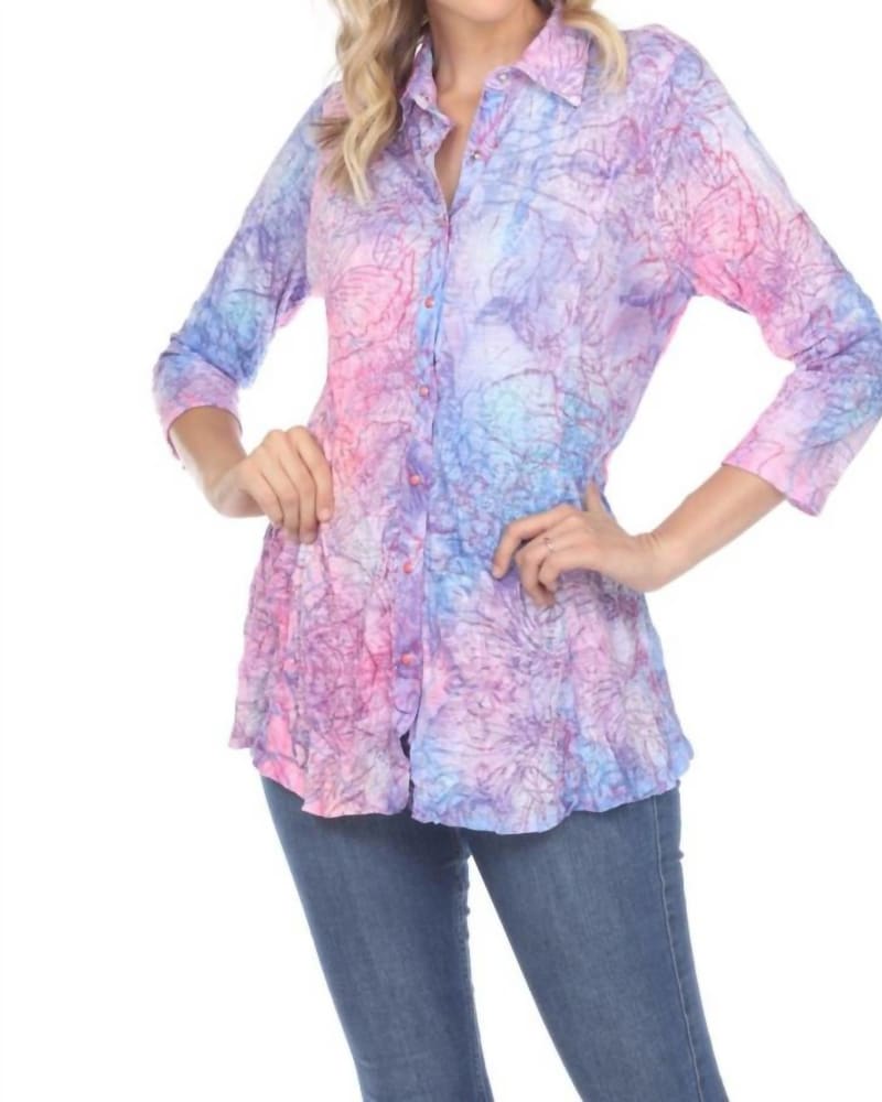 Front of a model wearing a size 1X-LARGE Lucid Flowers-Selena Shirt in Carine Apparel in Carine Apparel by CARINE. | dia_product_style_image_id:333905